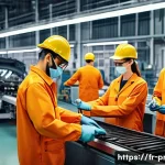 생산관리 실습 사례 공유 - A modern automotive assembly line inside a spacious, well-lit factory, featuring workers wearing pro...