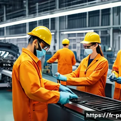 생산관리 실습 사례 공유 - A modern automotive assembly line inside a spacious, well-lit factory, featuring workers wearing pro...