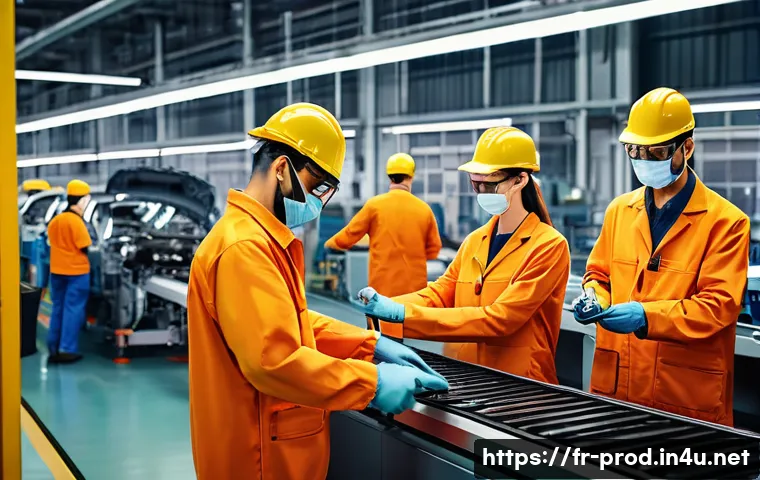 생산관리 실습 사례 공유 - A modern automotive assembly line inside a spacious, well-lit factory, featuring workers wearing pro...