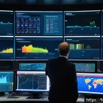 생산관리 직무와 데이터 시각화 사례 - A modern industrial control room with large digital dashboards displaying real-time production data,...